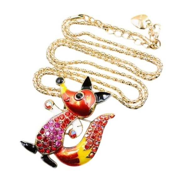 Betsey Johnson Necklace Red Crystal Fox Brooch / Pendant Gold Tone - Picture 1 of 2